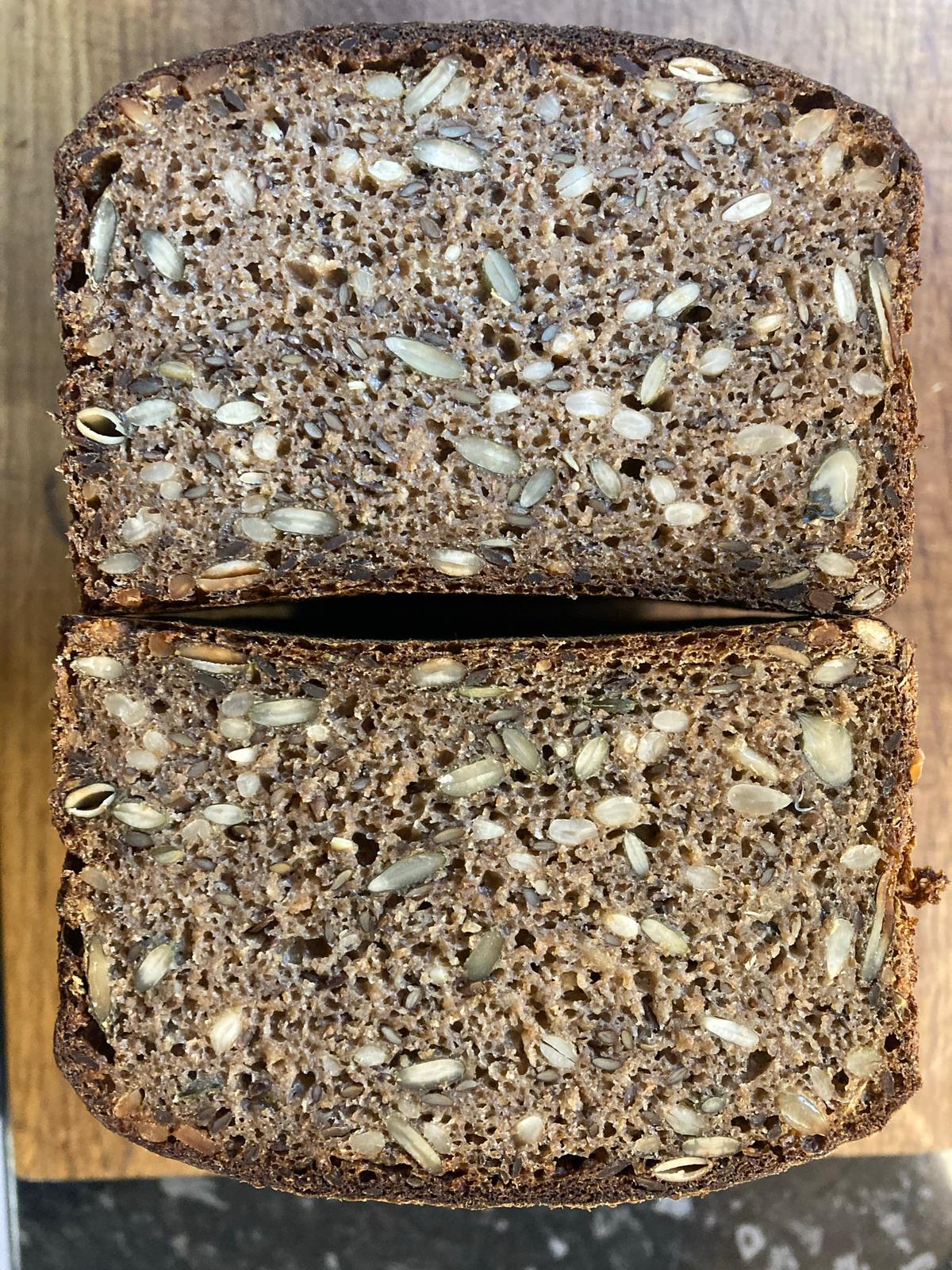 Sliced Danish rye bread showing dense texture